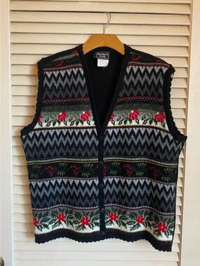 Vintage Southern Lady Red & Gray Floral Knit Vest with Scallop Details